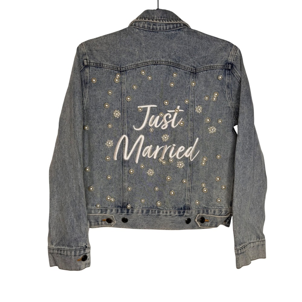 Lovers Denim Just Married Bride Honeymoon Pearl Embellished Jean Jacket Sz S